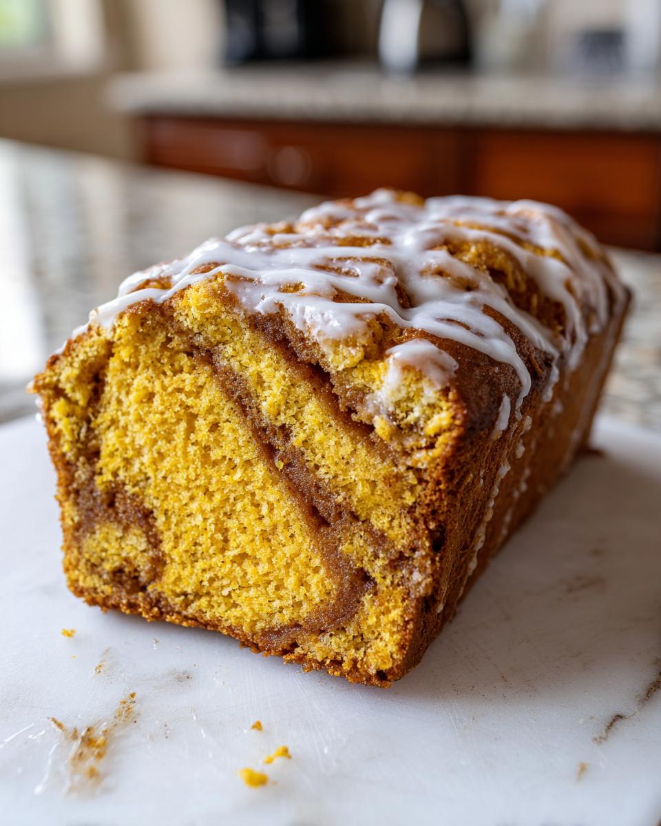 A freshly baked loaf of Cinnamon Roll Pumpkin Bread with a visible cinnamon swirl and white glaze drizzled on top.