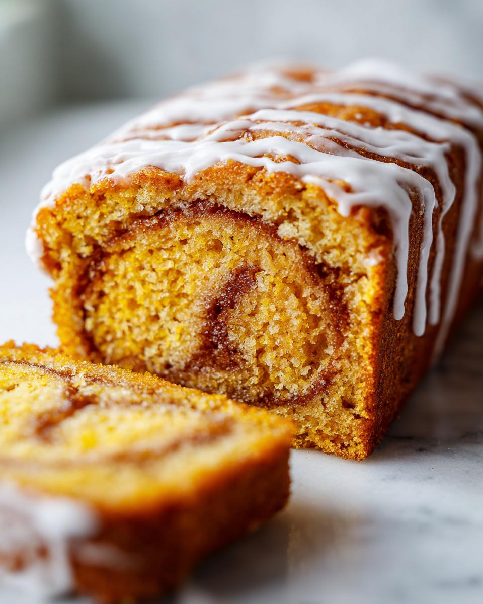 Close-up of sliced Cinnamon Roll Pumpkin Bread showing the swirl and white icing drizzle.