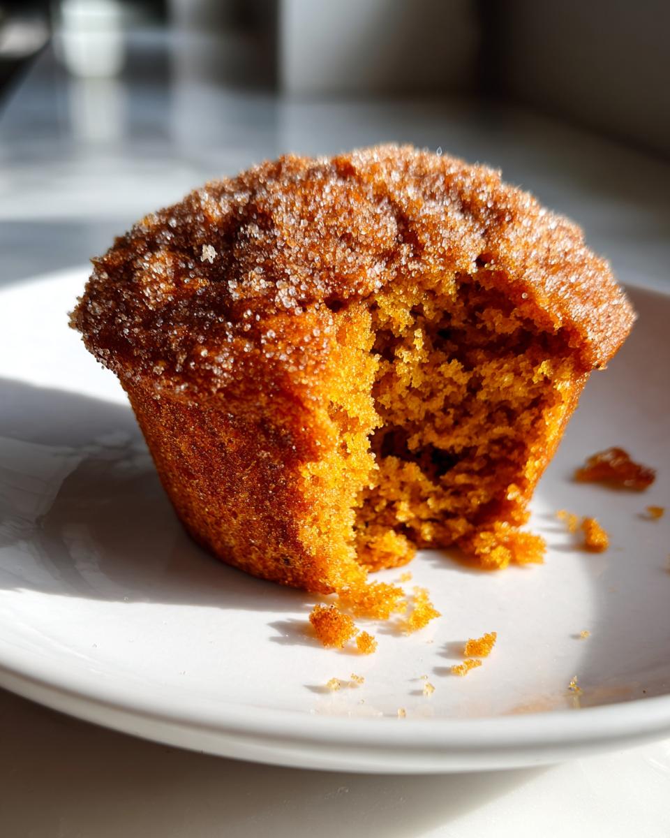 Close-up of a Cinnamon Sugar Pumpkin Muffin with a bite removed, showing the moist interior and sugary topping.