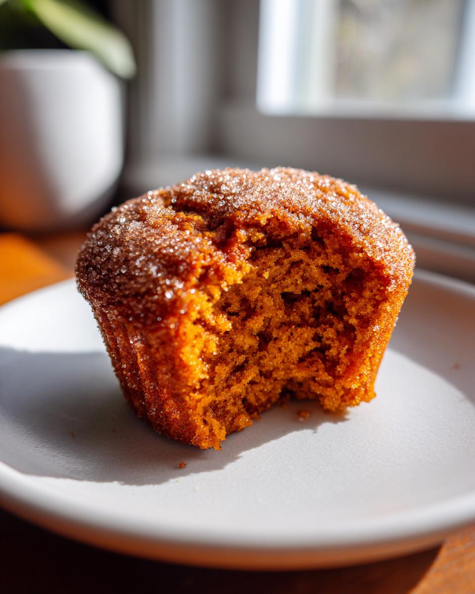 A close-up of a moist Cinnamon Sugar Pumpkin Muffin sitting on a white plate, showing the crumb texture and sugary topping.