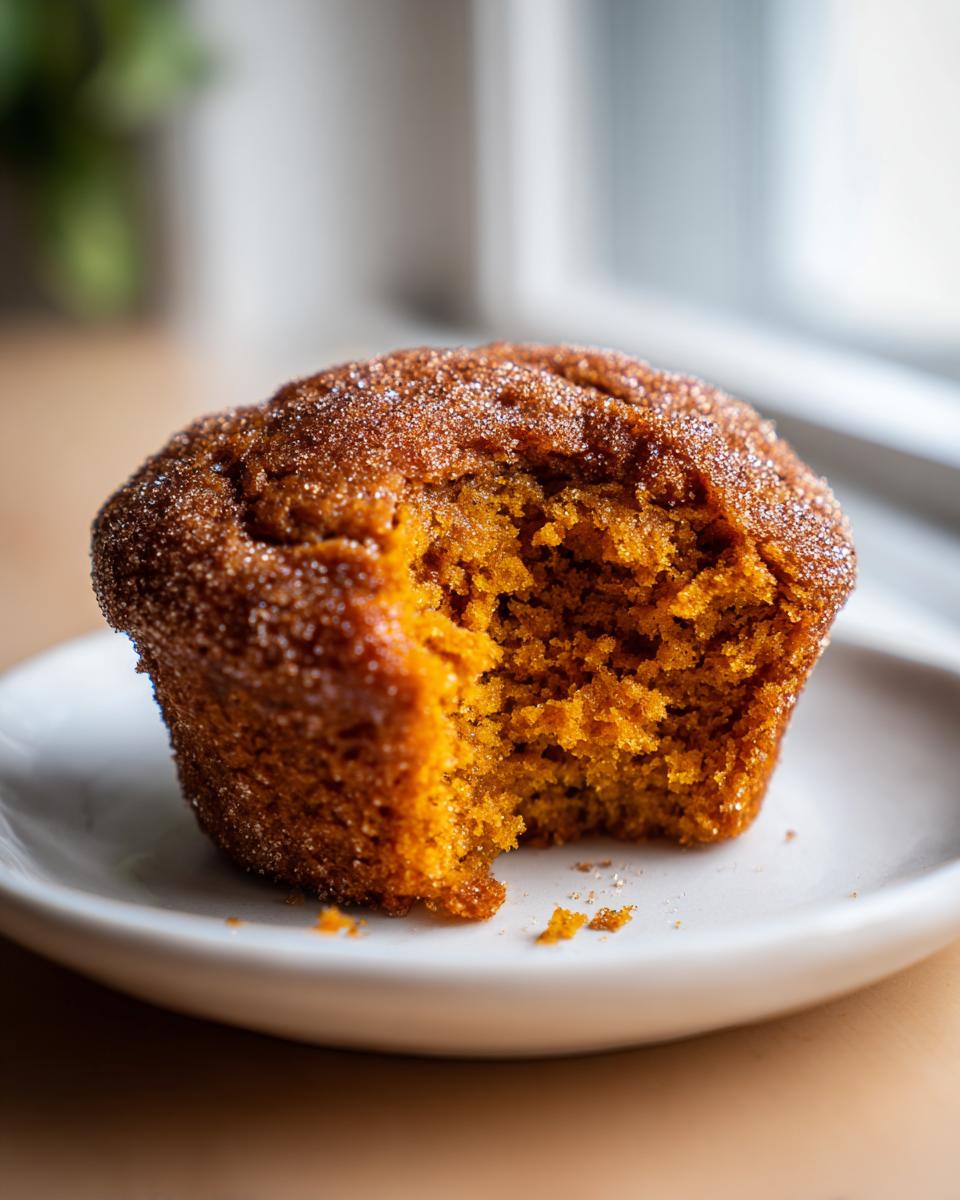 A close-up of a moist Cinnamon Sugar Pumpkin Muffins with a bite taken out, revealing the orange crumb and sugary topping.