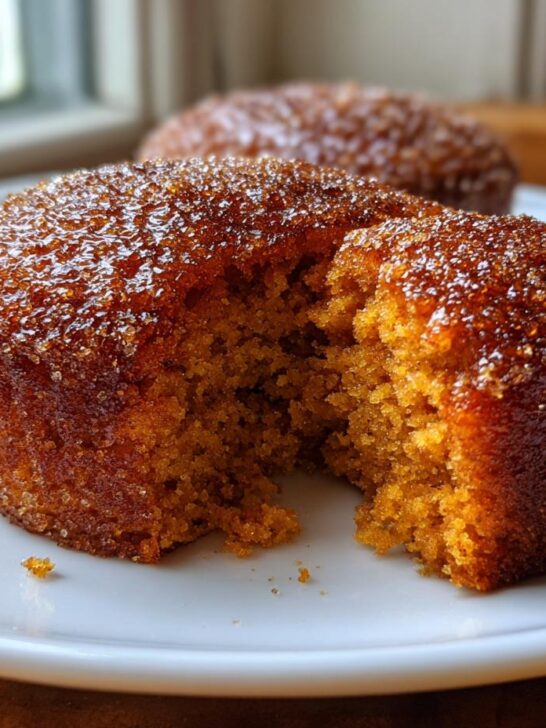 A close-up of a moist Cinnamon Sugar Pumpkin Muffin broken open, showing the crumb texture and sparkling cinnamon sugar topping.