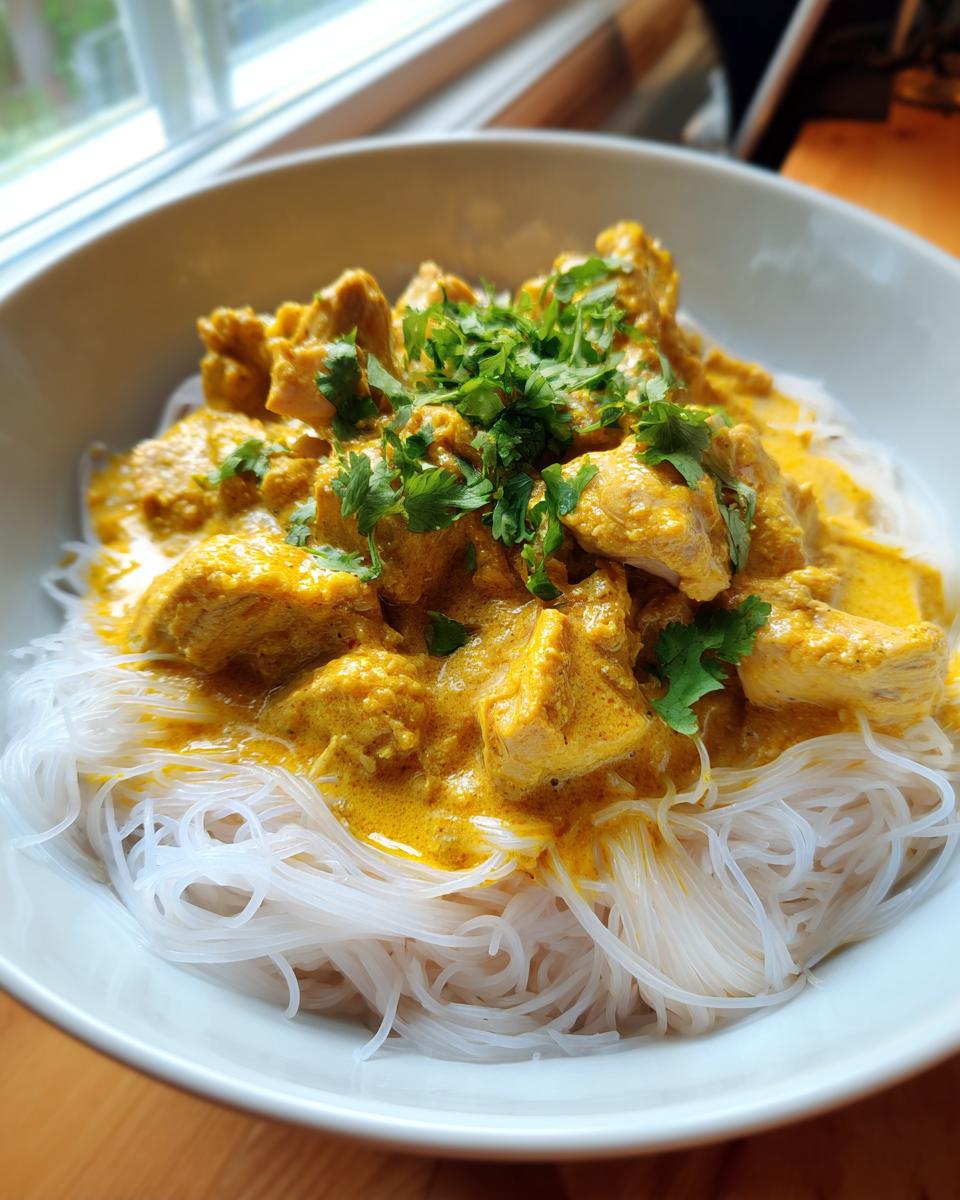 A bowl of Coconut Curry Chicken With Rice Noodles topped with fresh cilantro.