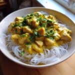 A close-up bowl of Coconut Curry Chicken With Rice Noodles topped with fresh cilantro.