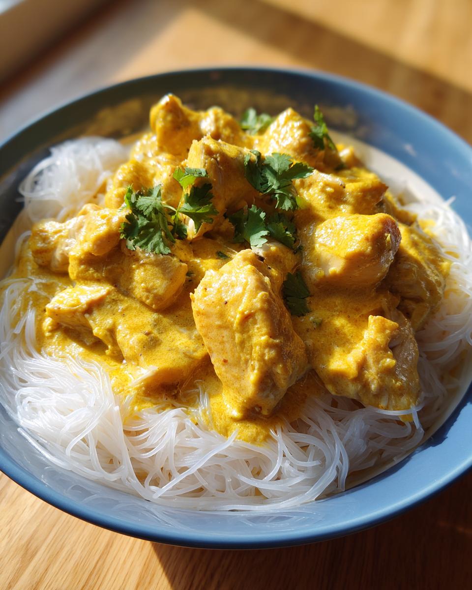 Close-up of Coconut Curry Chicken With Rice Noodles topped with fresh cilantro.