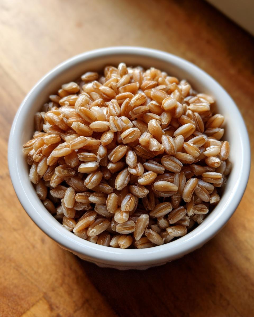 Close-up of cooked, plump grains resembling pearl barley in a small white bowl.