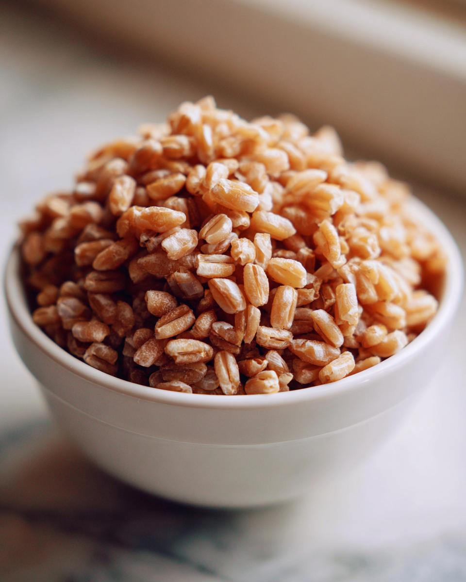 Close-up of a white bowl filled with cooked, plump grains, likely a Best Pearl Barley Substitute.