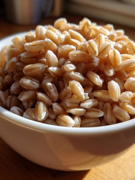 Close-up of cooked pearl barley grains piled high in a small white bowl, ready for use as a Best Pearl Barley Substitute.