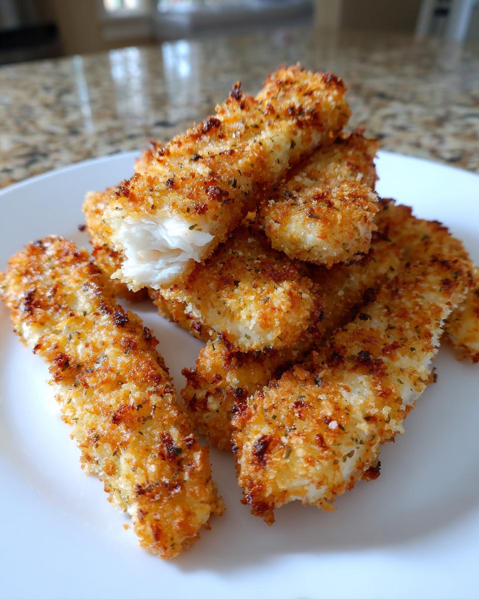 Close-up of golden brown, crispy fish sticks piled on a white plate, showing the flaky white fish inside.