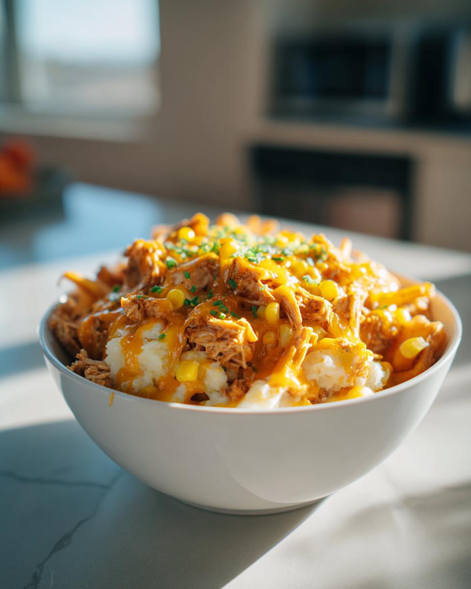 A close-up of a Copycat KFC Famous Bowl featuring mashed potatoes, shredded chicken, corn, and melted cheese.