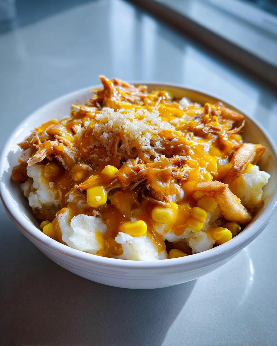A close-up of a Copycat KFC Famous Bowl layered with mashed potatoes, corn, shredded chicken, gravy, and cheese.