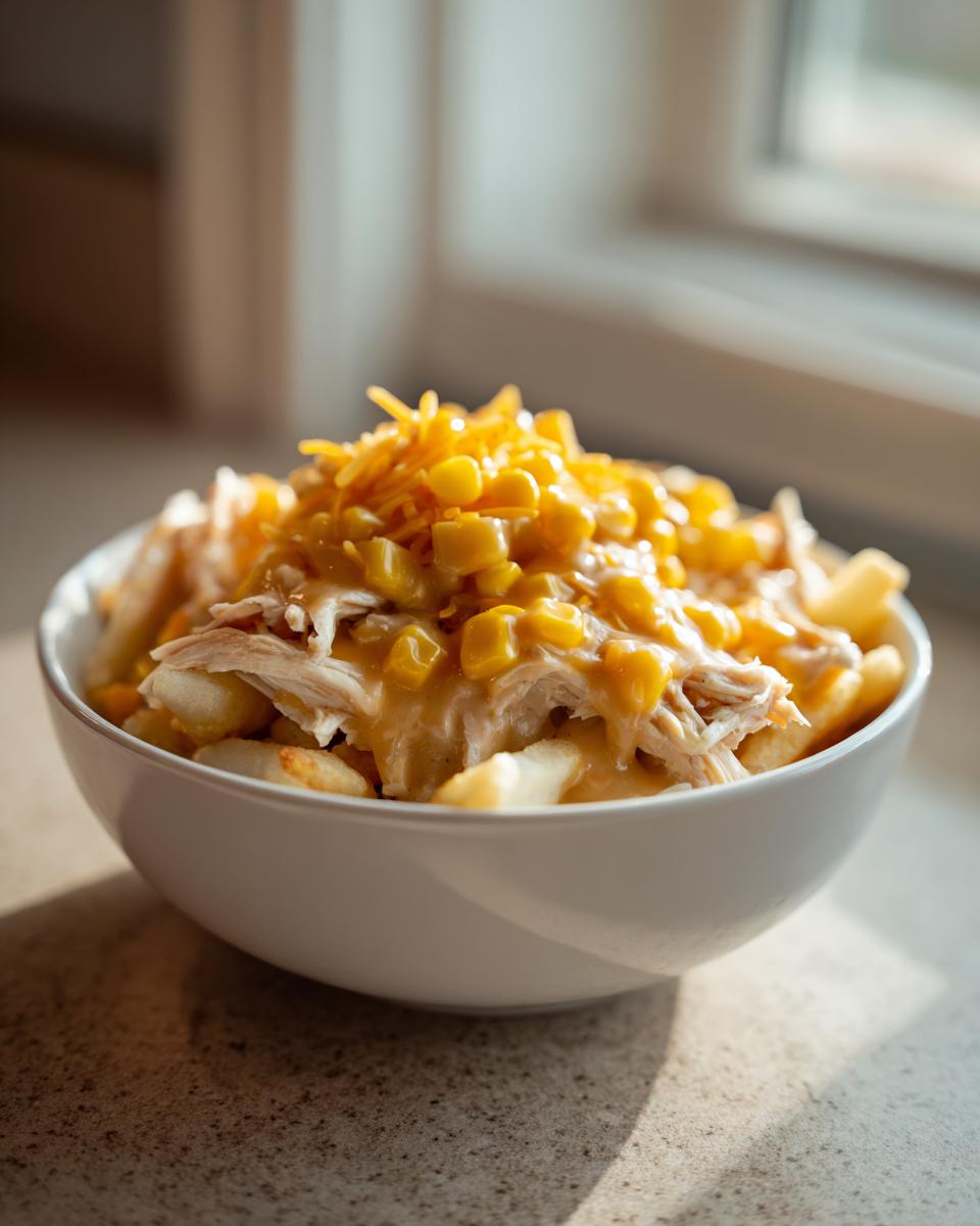 Close-up of a Copycat KFC Famous Bowl featuring fries, shredded chicken, gravy, corn, and shredded cheese.