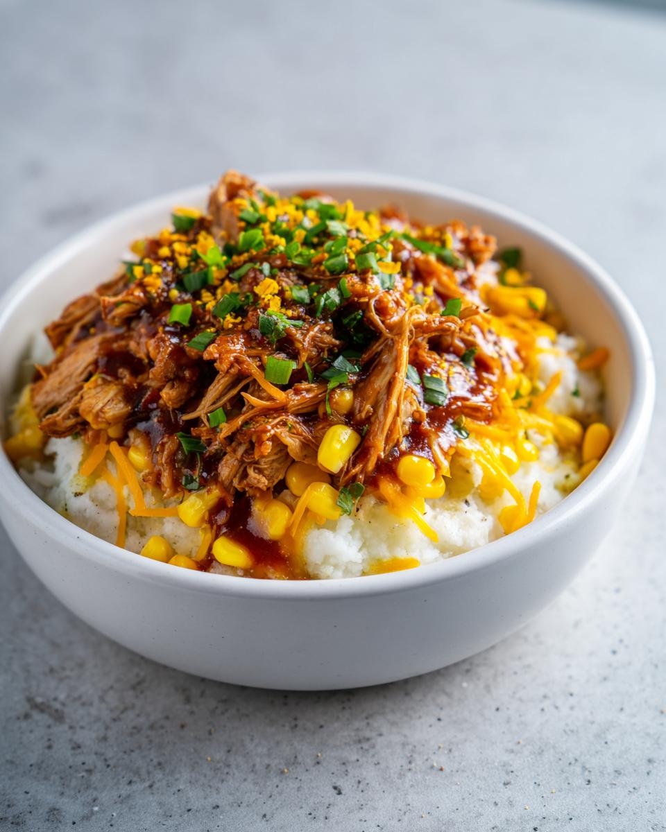 A close-up of a Copycat KFC Famous Bowl featuring mashed potatoes, corn, shredded saucy chicken, cheese, and chives.
