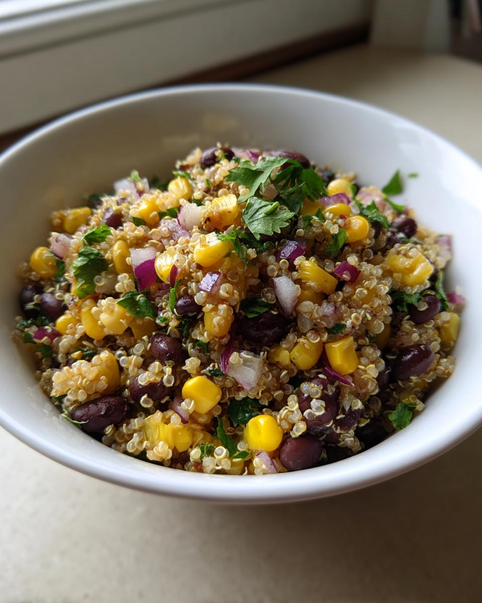 Close-up of a vibrant Corn And Black Bean Quinoa Salad mixed with corn, black beans, red onion, and cilantro in a white bowl.