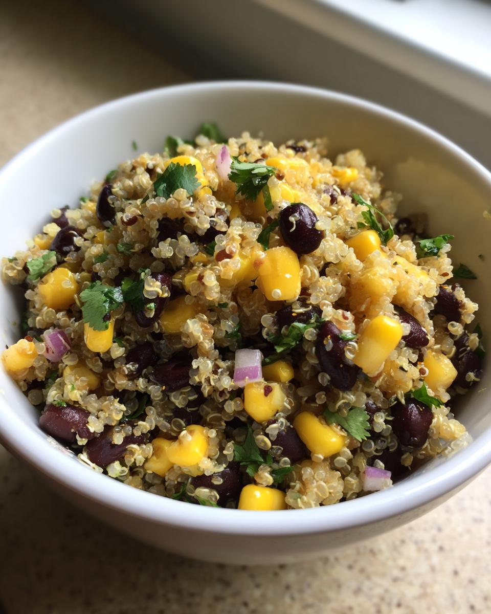 A close-up view of a vibrant Corn And Black Bean Quinoa Salad served in a white bowl, featuring corn, black beans, and cilantro.