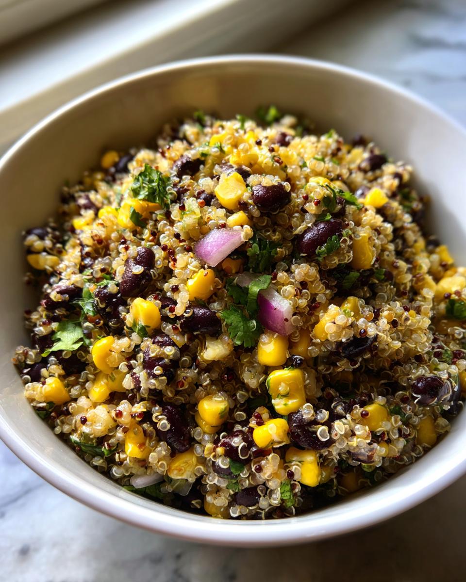Close-up of a vibrant Corn And Black Bean Quinoa Salad mixed with corn, black beans, red onion, and cilantro in a white bowl.