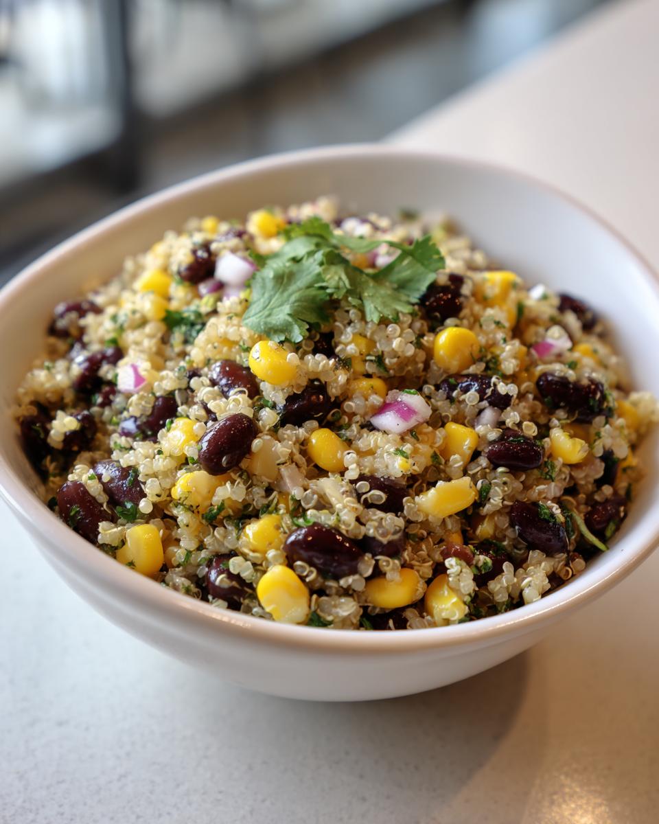 A close-up of a vibrant Corn And Black Bean Quinoa Salad topped with fresh cilantro in a white bowl.