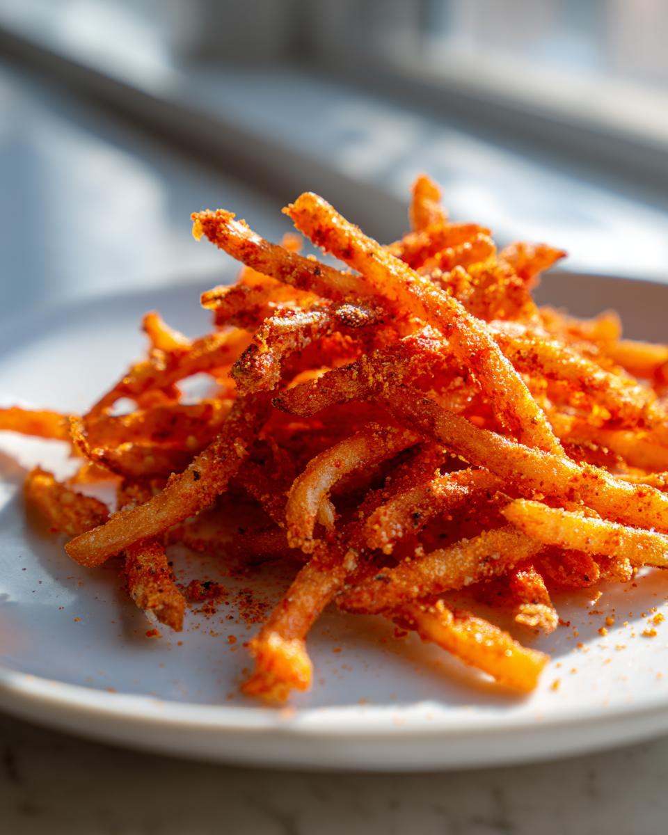 A close-up pile of crispy fries heavily coated in bright orange Crab Seasoned Fries seasoning on a white plate.