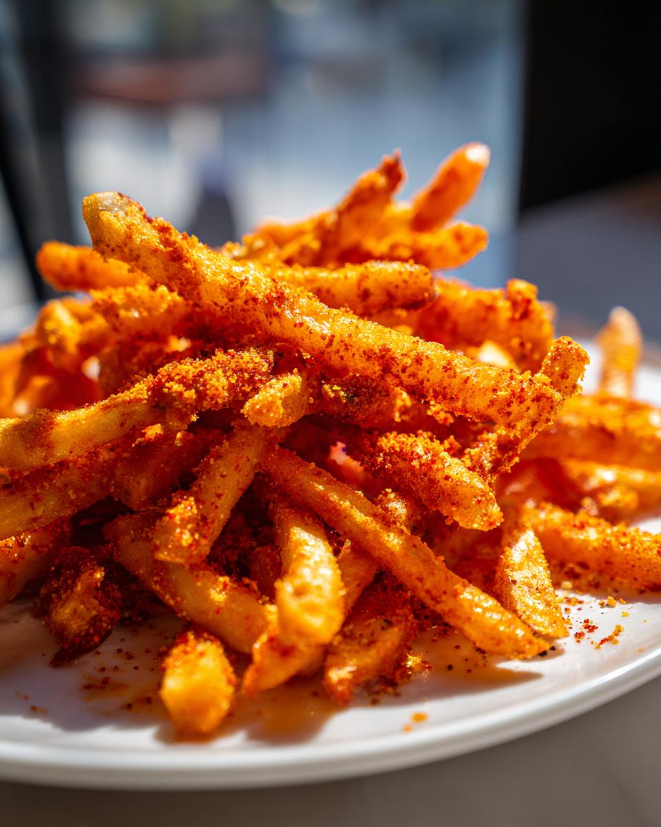 A close-up, appetizing shot of a pile of golden french fries heavily coated in bright red Crab Seasoned Fries seasoning.