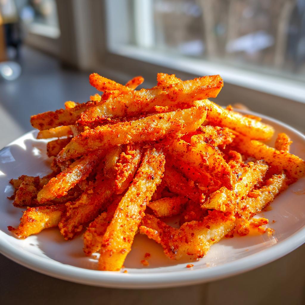 A close-up of crispy, golden fries heavily coated in bright orange Crab Seasoned Fries seasoning on a white plate.