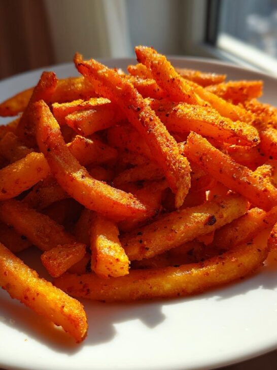 A close-up of a mound of golden french fries heavily coated in vibrant red Crab Seasoned Fries spice mix, served on a white plate.
