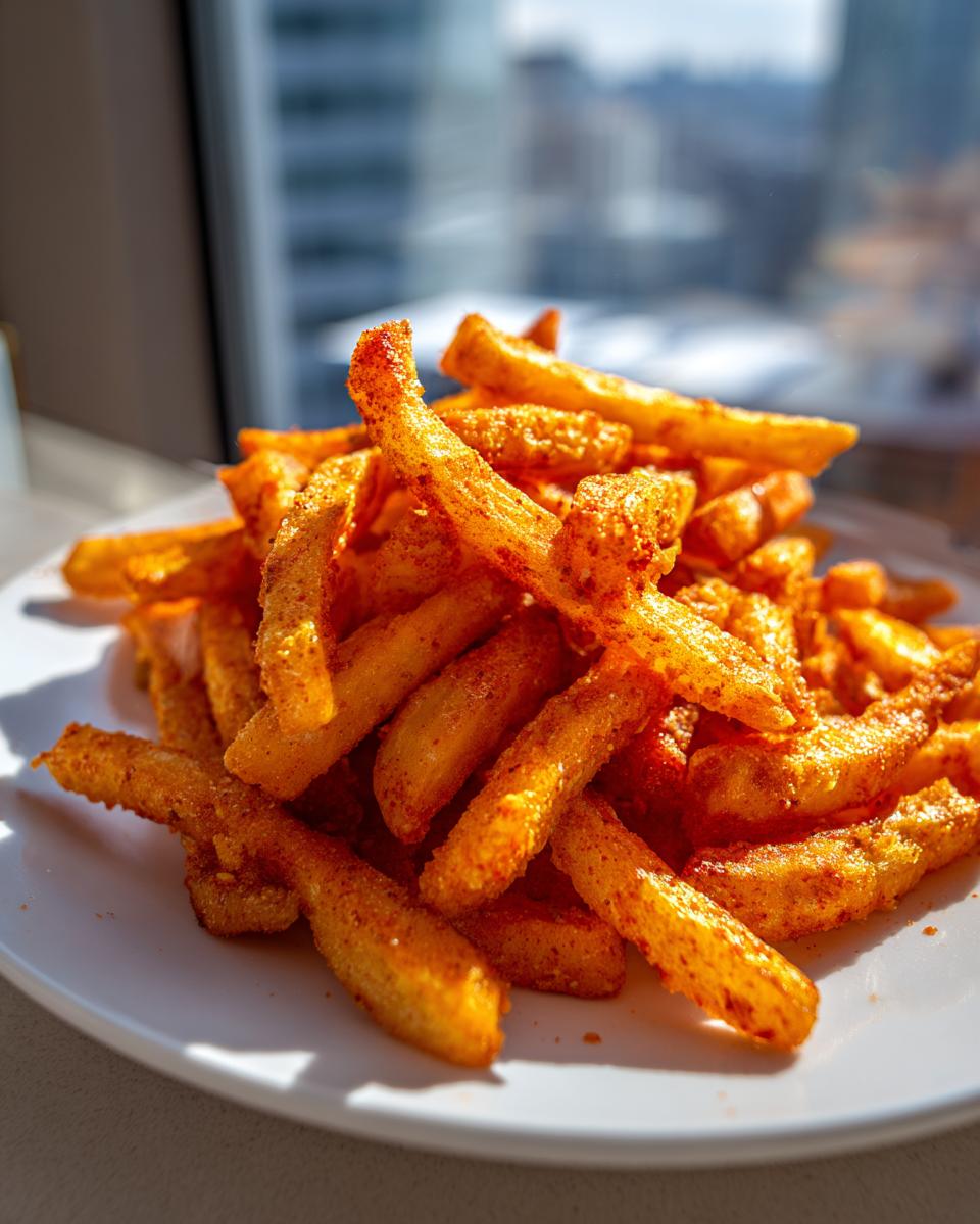 A close-up of crispy french fries heavily coated in bright red Crab Seasoned Fries seasoning on a white plate.