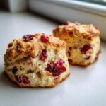 Two freshly baked Cranberry Orange Scones showing a fluffy interior packed with dried cranberries.
