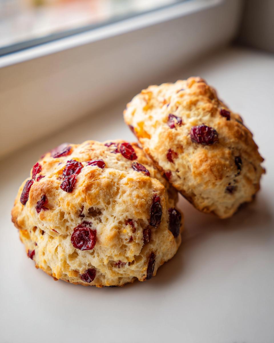 Two freshly baked Cranberry Orange Scones with visible dried cranberries resting on a white surface near a window.