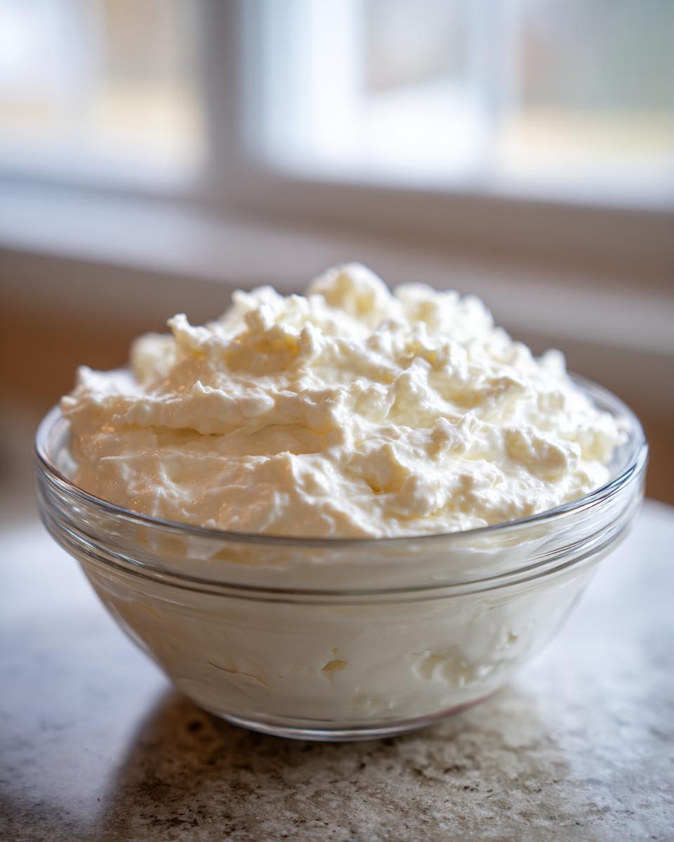 A clear glass bowl filled with a thick, creamy white mixture, likely the base for the 3 Ingredient Vidalia Onion Dip.