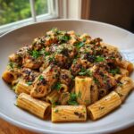 A close-up of Creamy Blackened Chicken Rigatoni Pasta tossed in a rich sauce and garnished with fresh parsley.