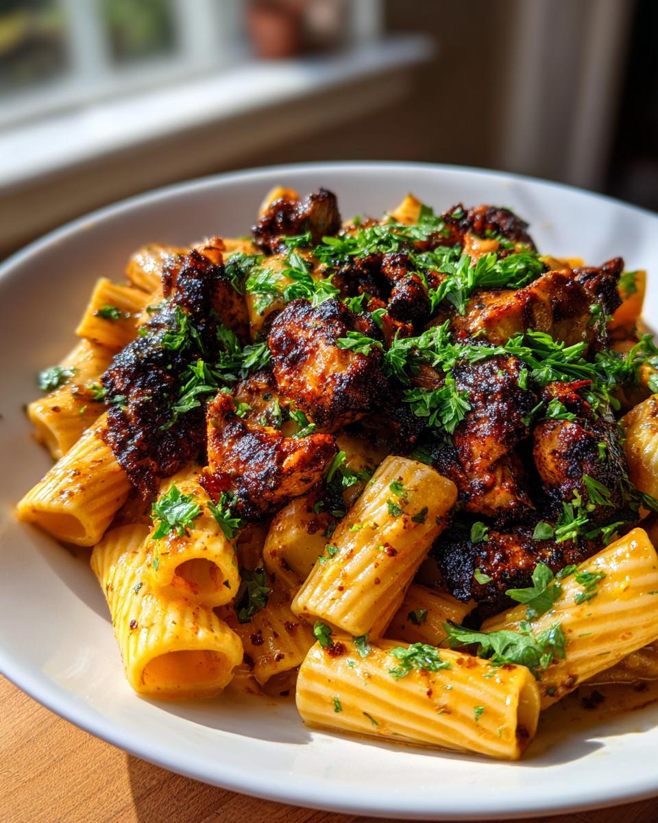 A close-up of a white bowl filled with Creamy Blackened Chicken Rigatoni Pasta, topped with fresh parsley.