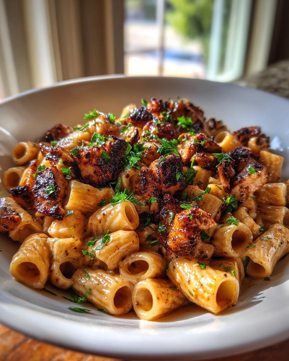 A bowl of Creamy Blackened Chicken Rigatoni Pasta topped with blackened chicken pieces and fresh parsley.