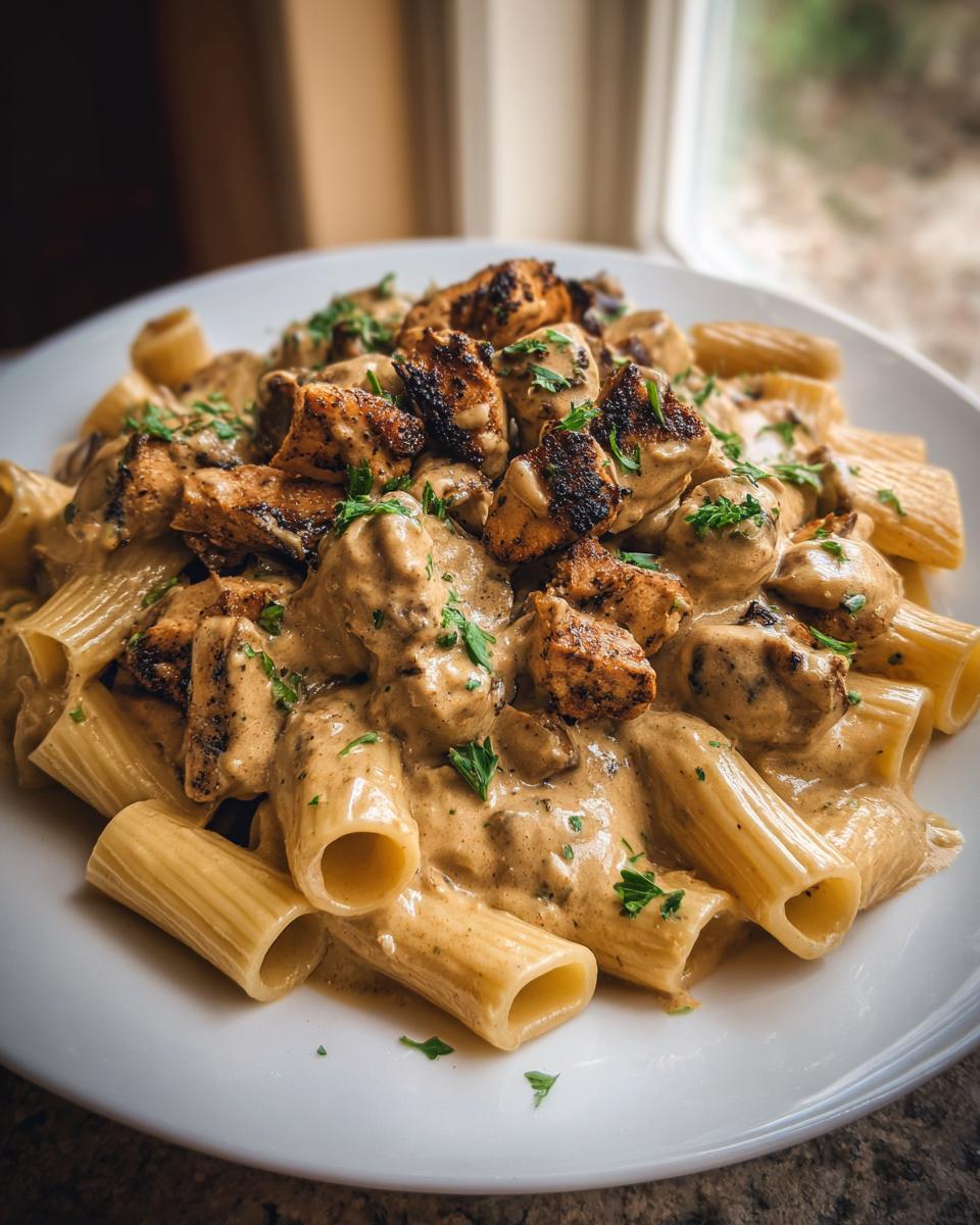 A close-up of Creamy Blackened Chicken Rigatoni Pasta served on a white plate, topped with fresh parsley.