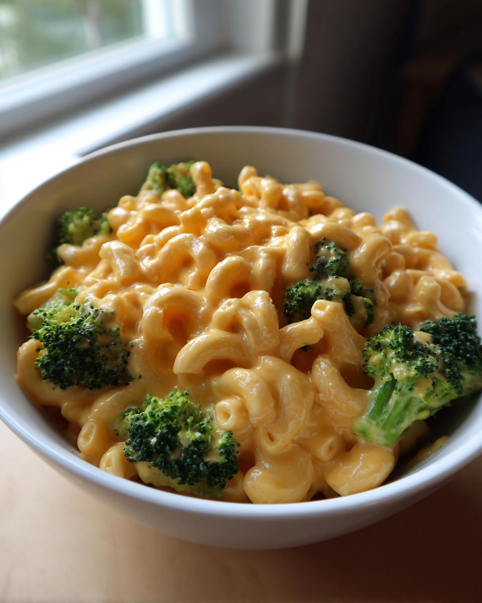 Close-up of creamy, cheesy Broccoli Mac And Cheese served in a white bowl near a window.