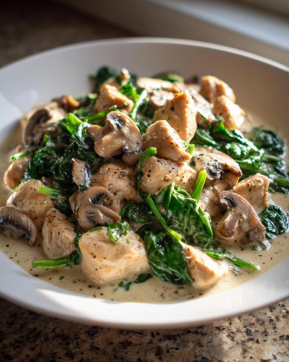 Close-up of a white bowl filled with Creamy Chicken Mushroom Spinach Skillet, featuring diced chicken, mushrooms, and wilted spinach in a rich sauce.