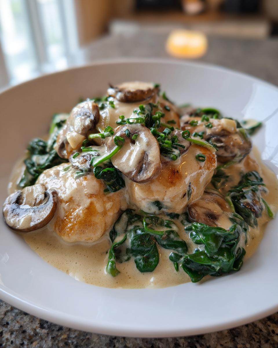 Close-up of seared chicken pieces covered in a creamy sauce with saut&eacute;ed mushrooms, spinach, and chives.