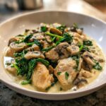 Close-up of tender chicken pieces, sliced mushrooms, and wilted spinach in a rich sauce for Creamy Chicken Mushroom Spinach Skillet.