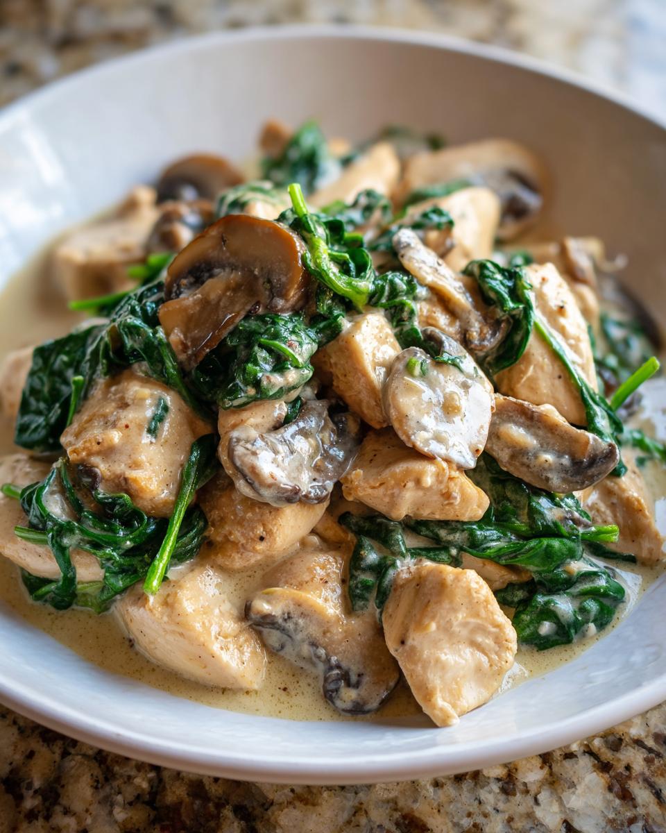Close-up of Creamy Chicken Mushroom Spinach Skillet with chunks of chicken, sliced mushrooms, and wilted spinach in a light sauce.