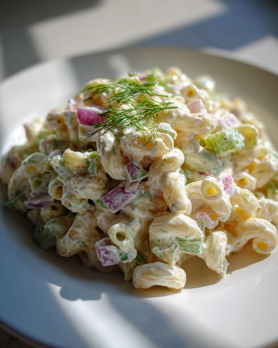 Close-up of creamy Greek Yogurt Macaroni Salad featuring elbow macaroni, red onion, celery, topped with fresh dill.