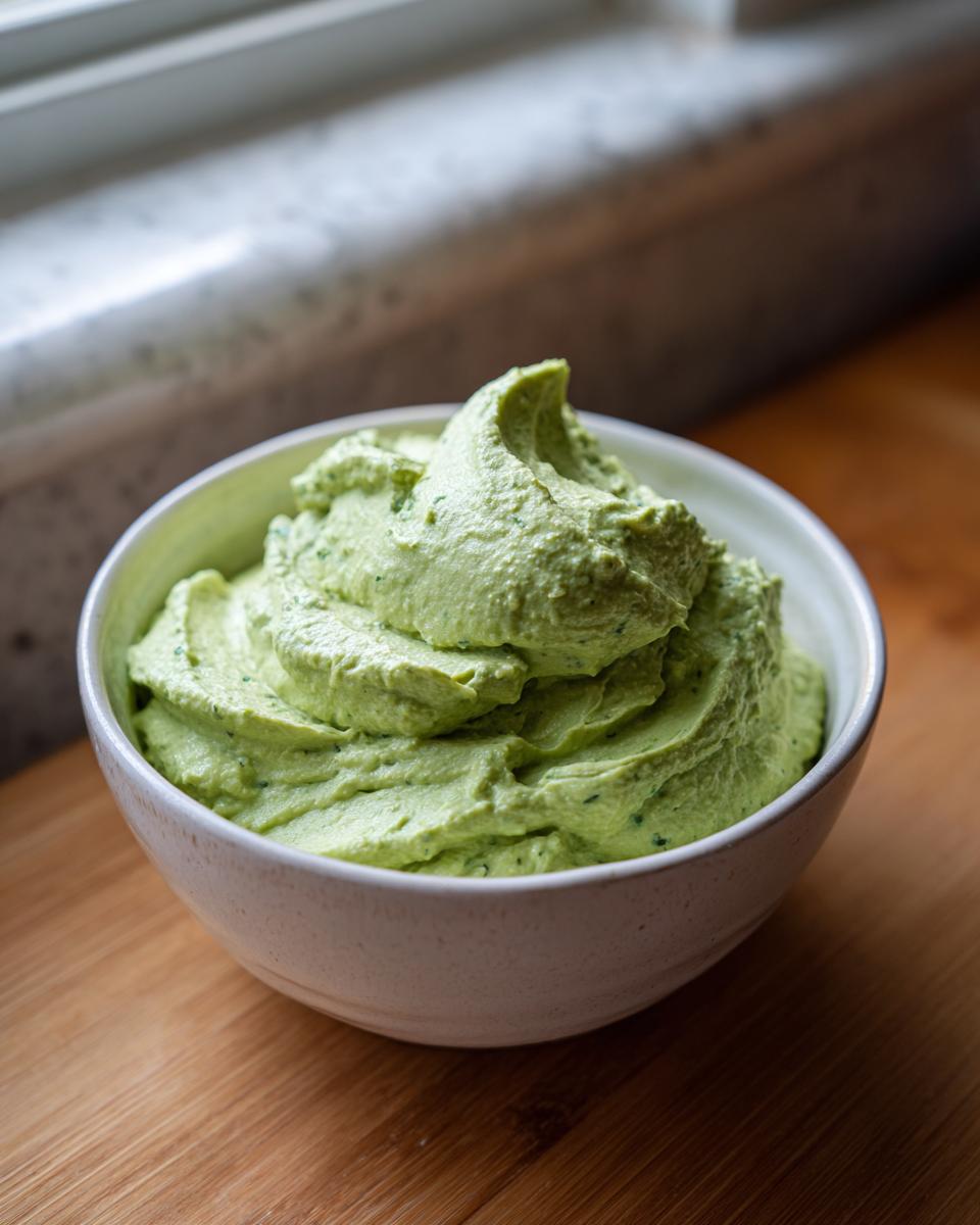Close-up of a bowl filled with thick, vibrant green Healthy Green Goddess Salad Dip, sitting on a wooden surface.