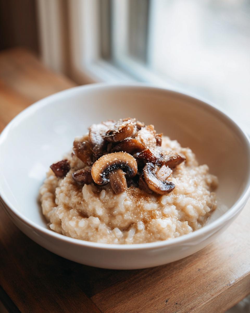 A close-up of a bowl of creamy mushroom risotto topped with saut&eacute;ed mushrooms and grated cheese.