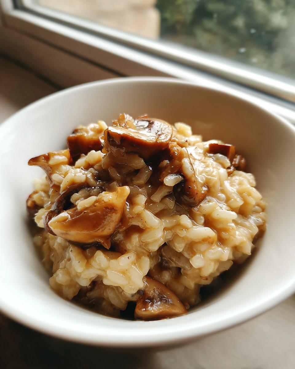 Close-up of a bowl filled with rich, creamy mushroom risotto topped with saut&eacute;ed brown mushrooms.