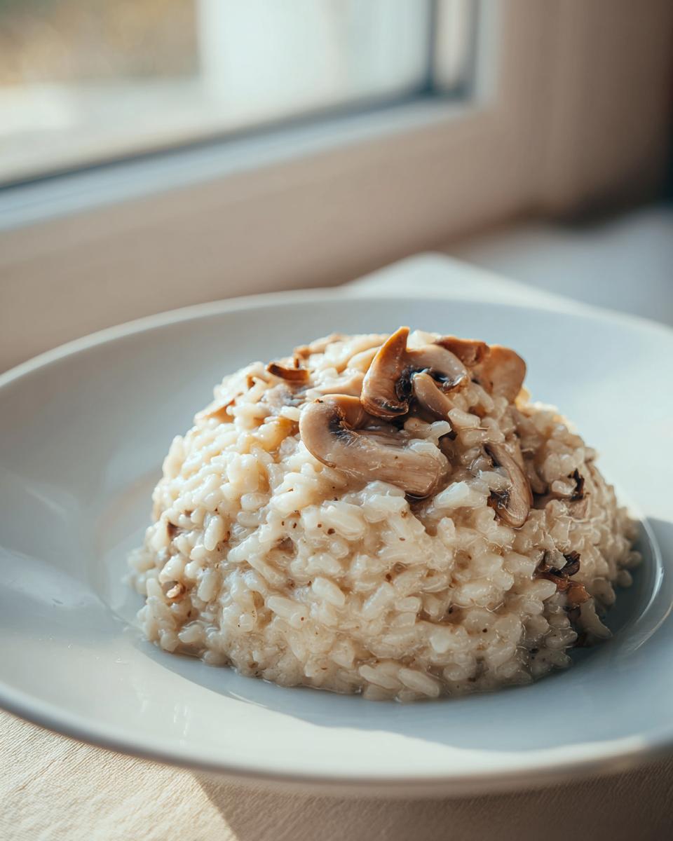A close-up of a perfectly portioned serving of Creamy Mushroom Risotto topped with sliced saut&eacute;ed mushrooms.