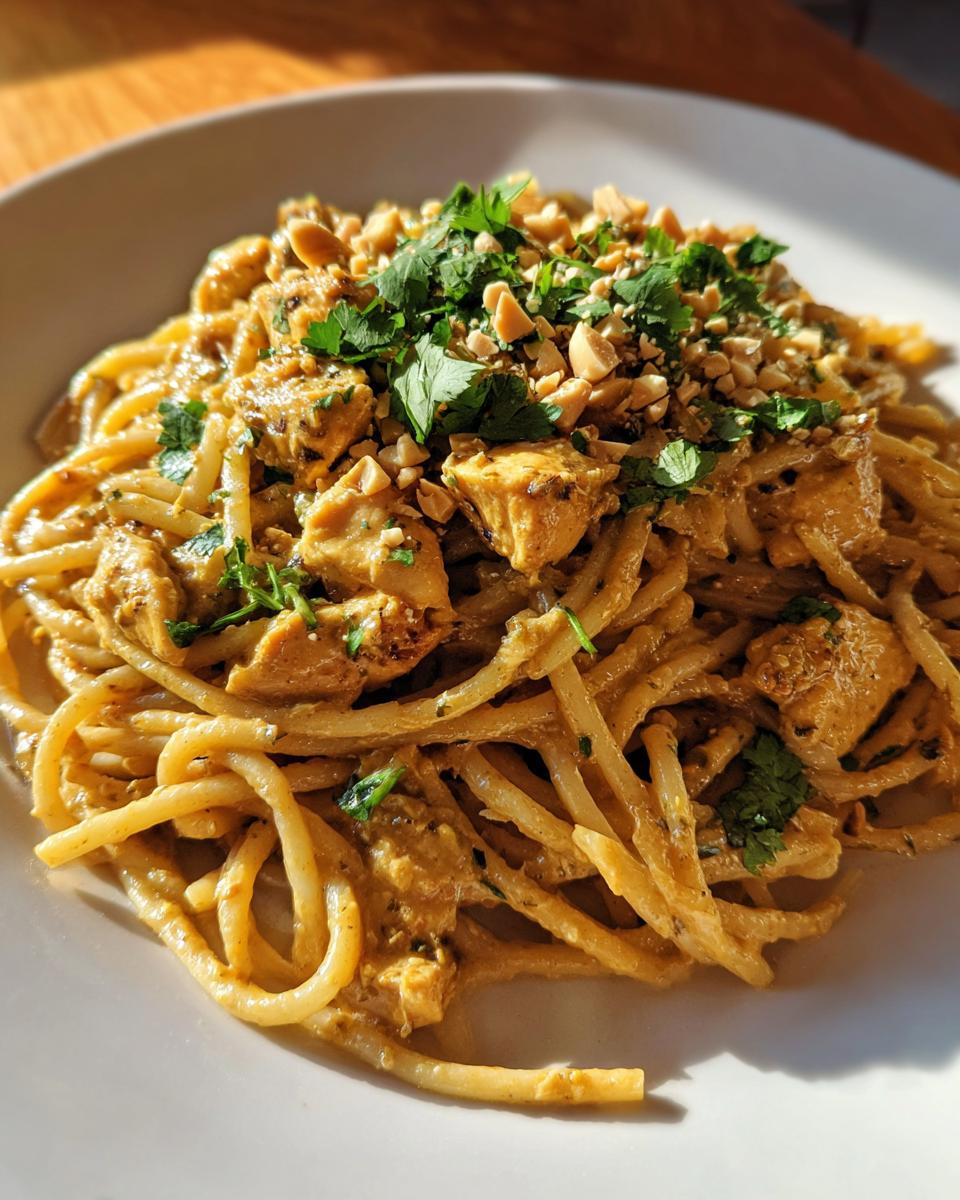 A close-up of creamy Thai Peanut Noodles With Chicken, topped with crushed peanuts and fresh cilantro.