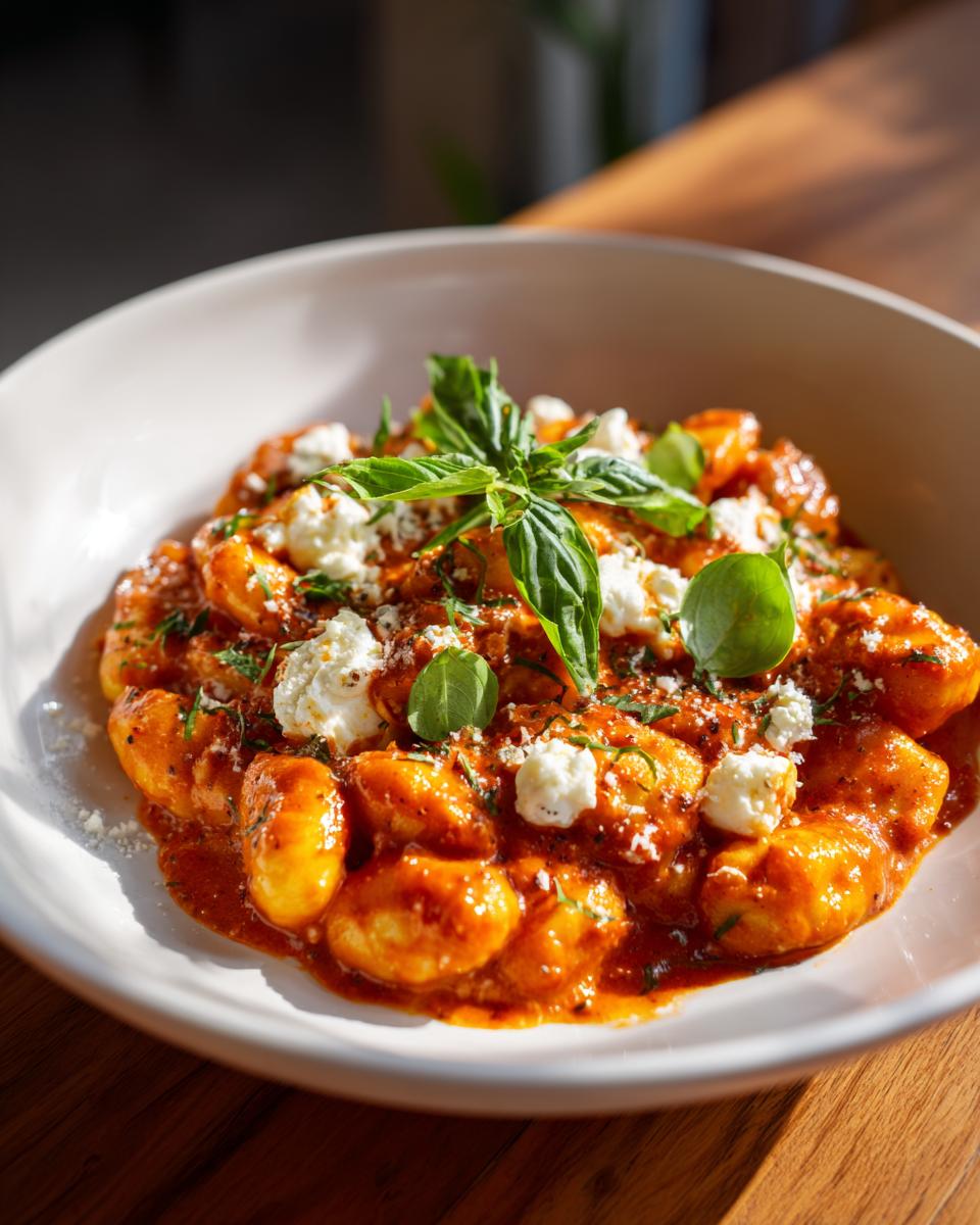 A close-up of rich Creamy Tomato Gnocchi With Burrata, topped with fresh basil leaves.