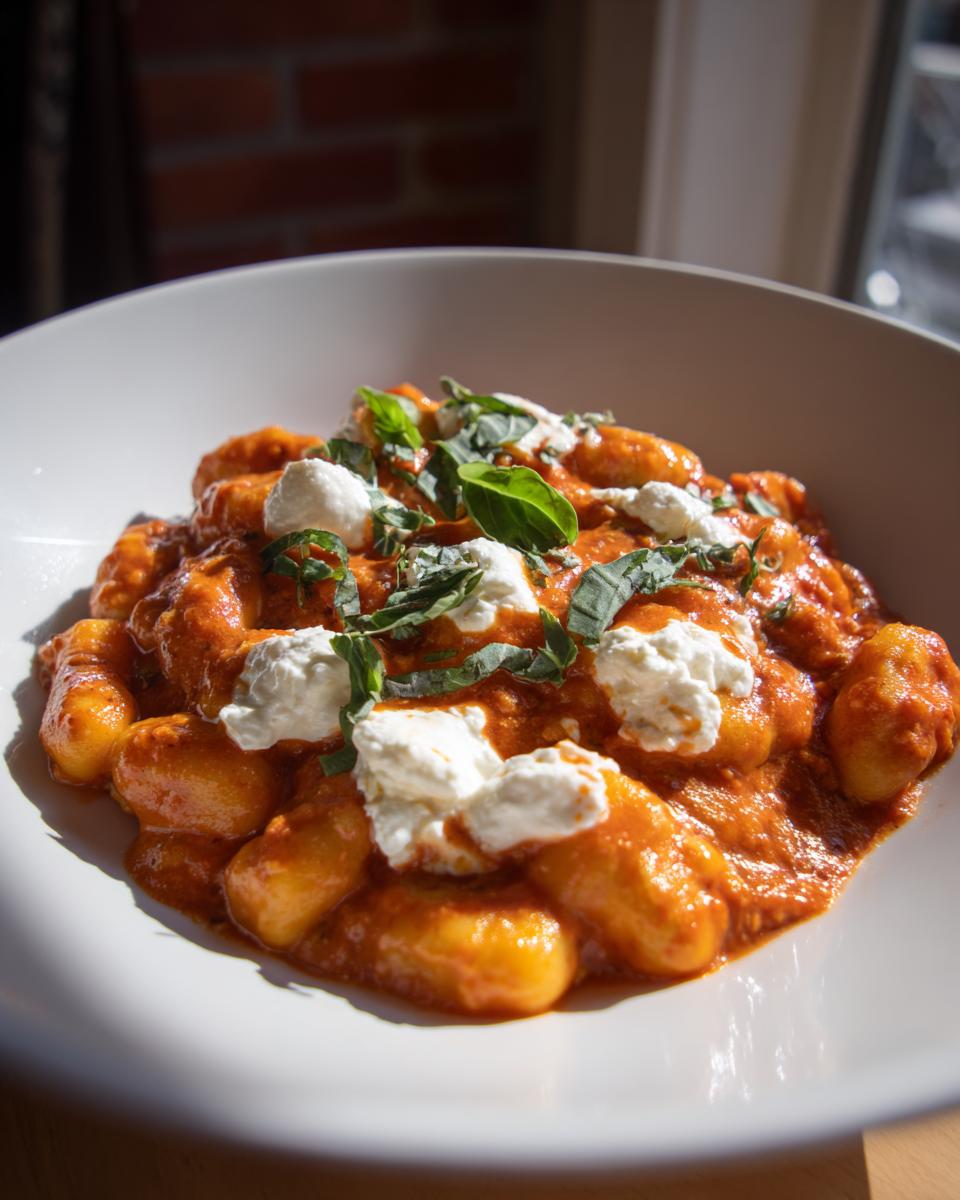A close-up of delicious Creamy Tomato Gnocchi With Burrata topped with fresh basil leaves.