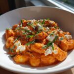 A close-up of delicious Creamy Tomato Gnocchi With Burrata, topped with torn basil leaves.