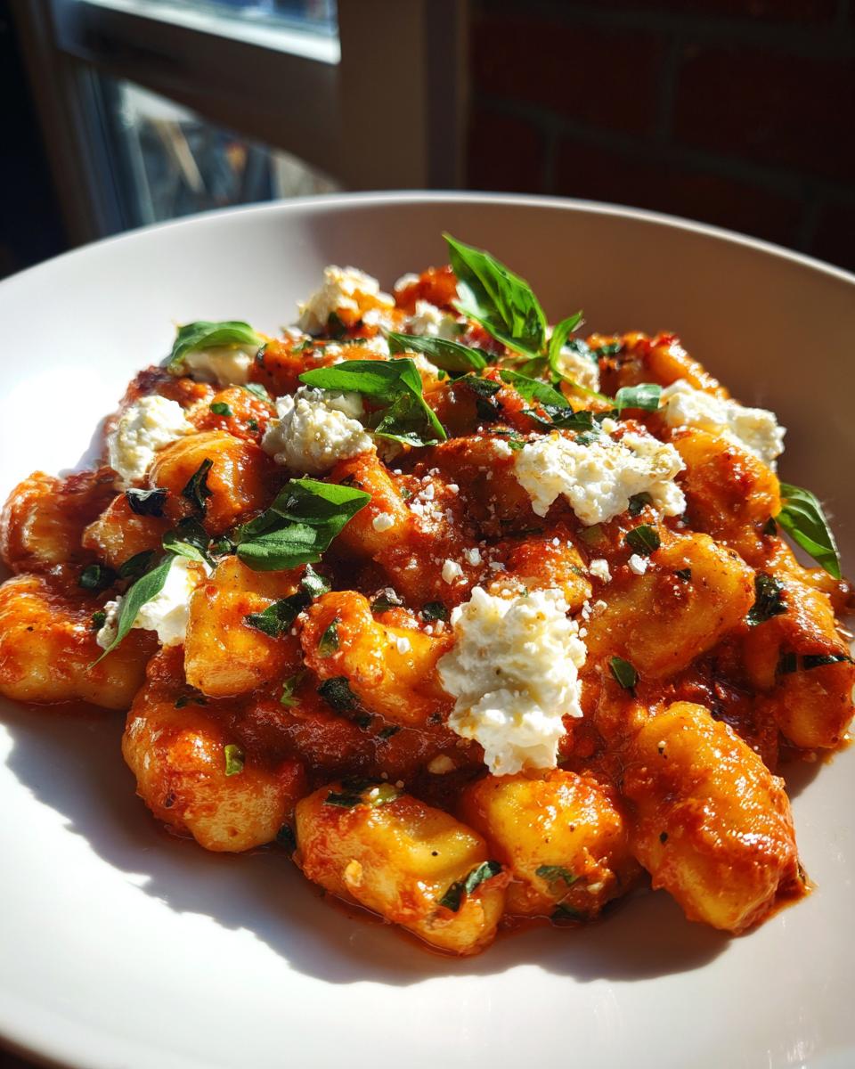 Close-up of Creamy Tomato Gnocchi With Burrata topped with fresh basil leaves.