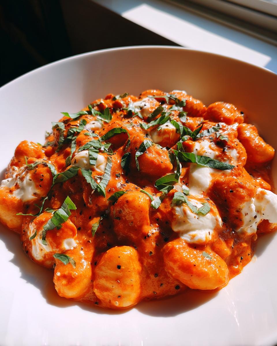 Close-up of Creamy Tomato Gnocchi With Burrata topped with fresh basil and black pepper.