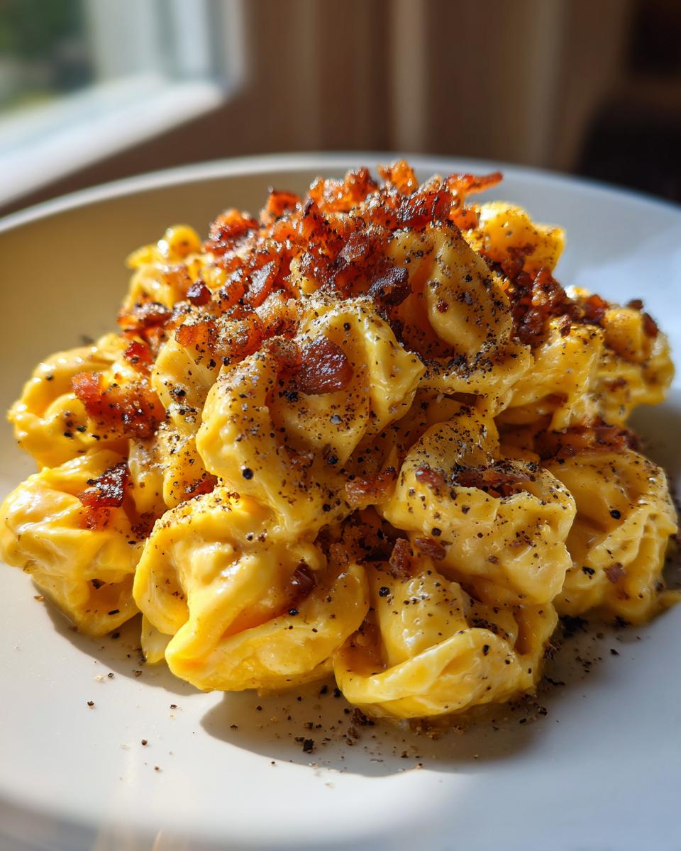 A close-up of creamy Tortellini Carbonara generously topped with crispy bacon bits and freshly cracked black pepper.